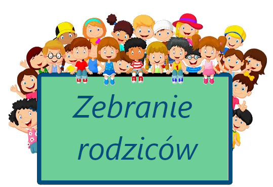 Prostokąt na nim napis "zebranie rodziców". Na prostokącie siedzą animowane postacie dzieci
