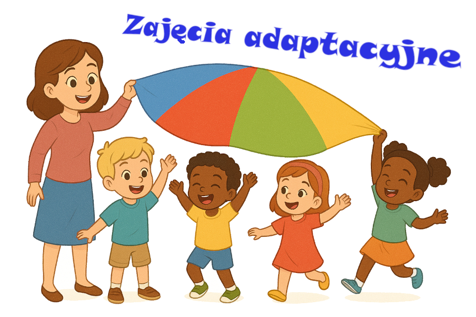 Napis: zajęcia adaptacyjne. Pani trzyma chustę animacyjną, dzieci tańczą pod chustą i śmieją się