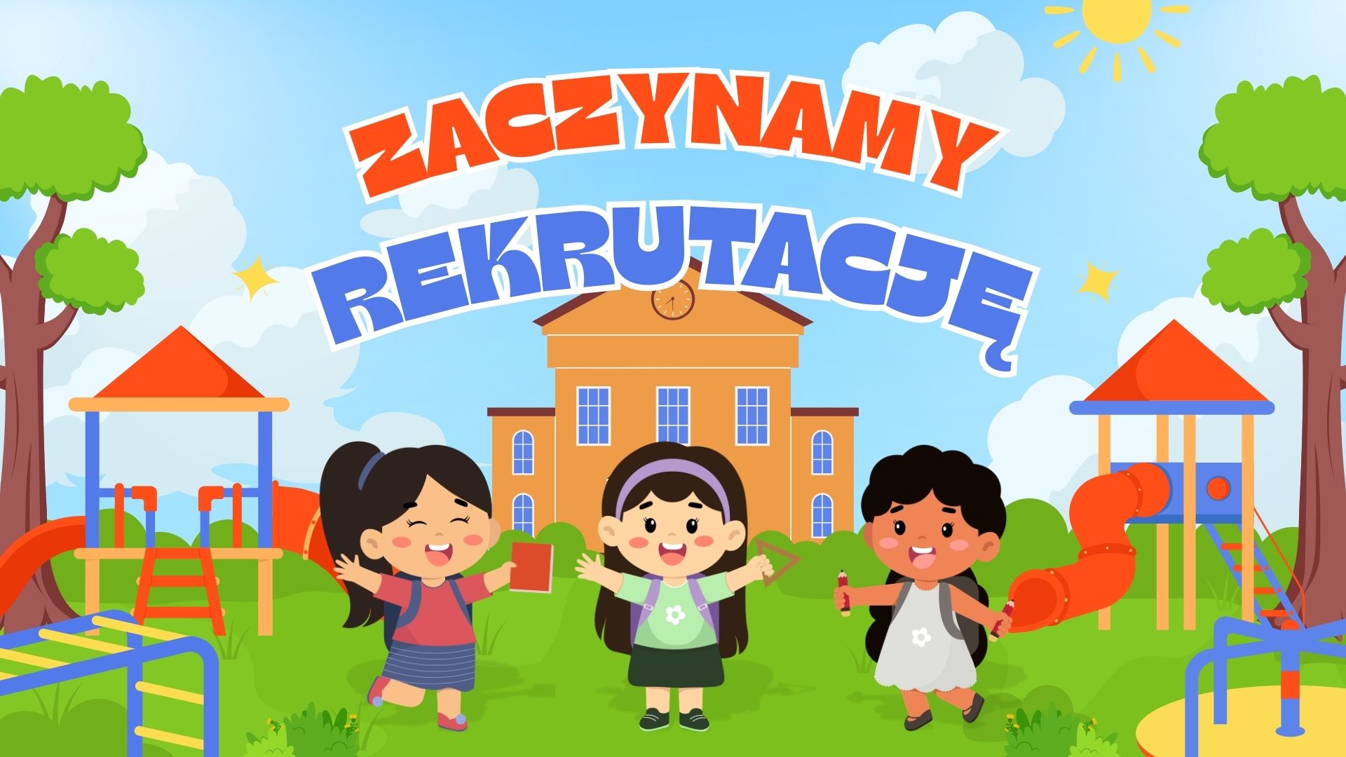 Obrazek animowany - trójka dzieci uśmiechniętych stoi przed przedszkolem, po bokach fragmenty placu zabaw