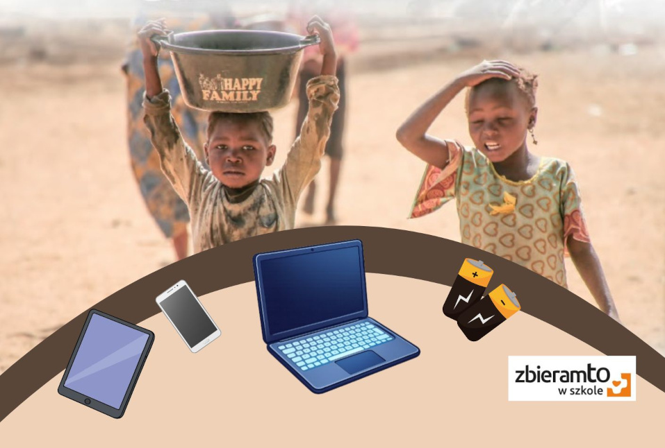 Grafika. Dwójka dzieci z Afryki. Jedno niesie na głowie naczynie z wodą. Pod nimi obrazki: tablet, telefon, laptop baterie oraz logo "Zbieram to w szkole"