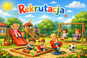 Animowany obrazek przedstawiający dzieci bawiące się na placu zabaw, u góry napis rekrutacja