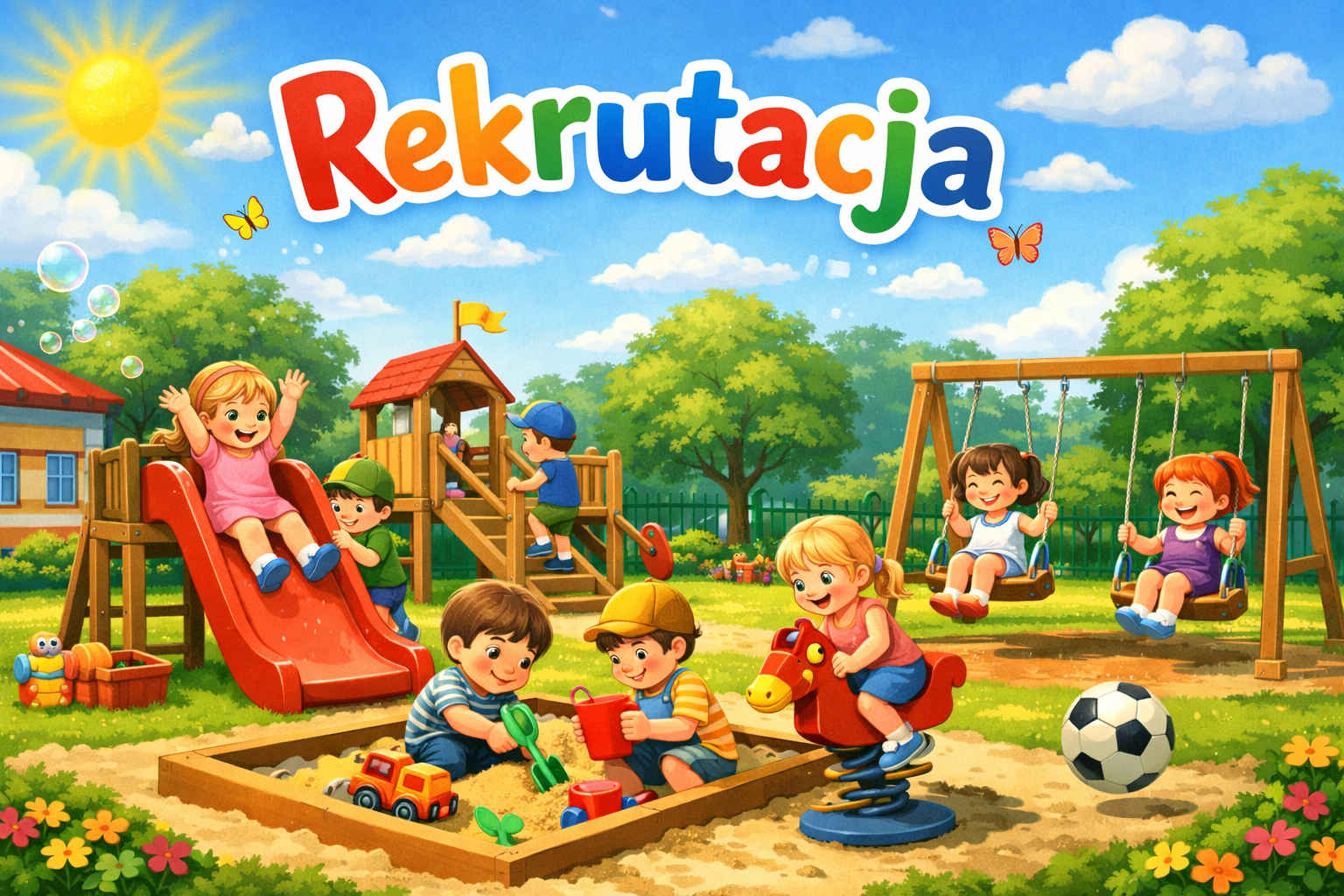 Animowany obrazek przedstawiający dzieci bawiące się na placu zabaw, u góry napis rekrutacja