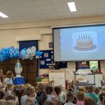 Dzieci siedzą i patrzą na ekran na którym jest tort